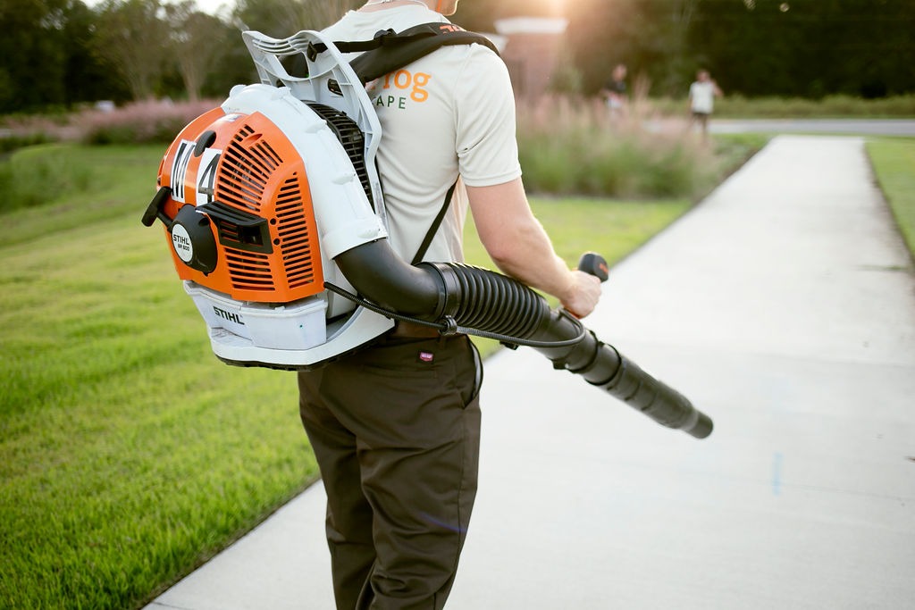Landscaper carrying backpack leaf blower beside sidewalk