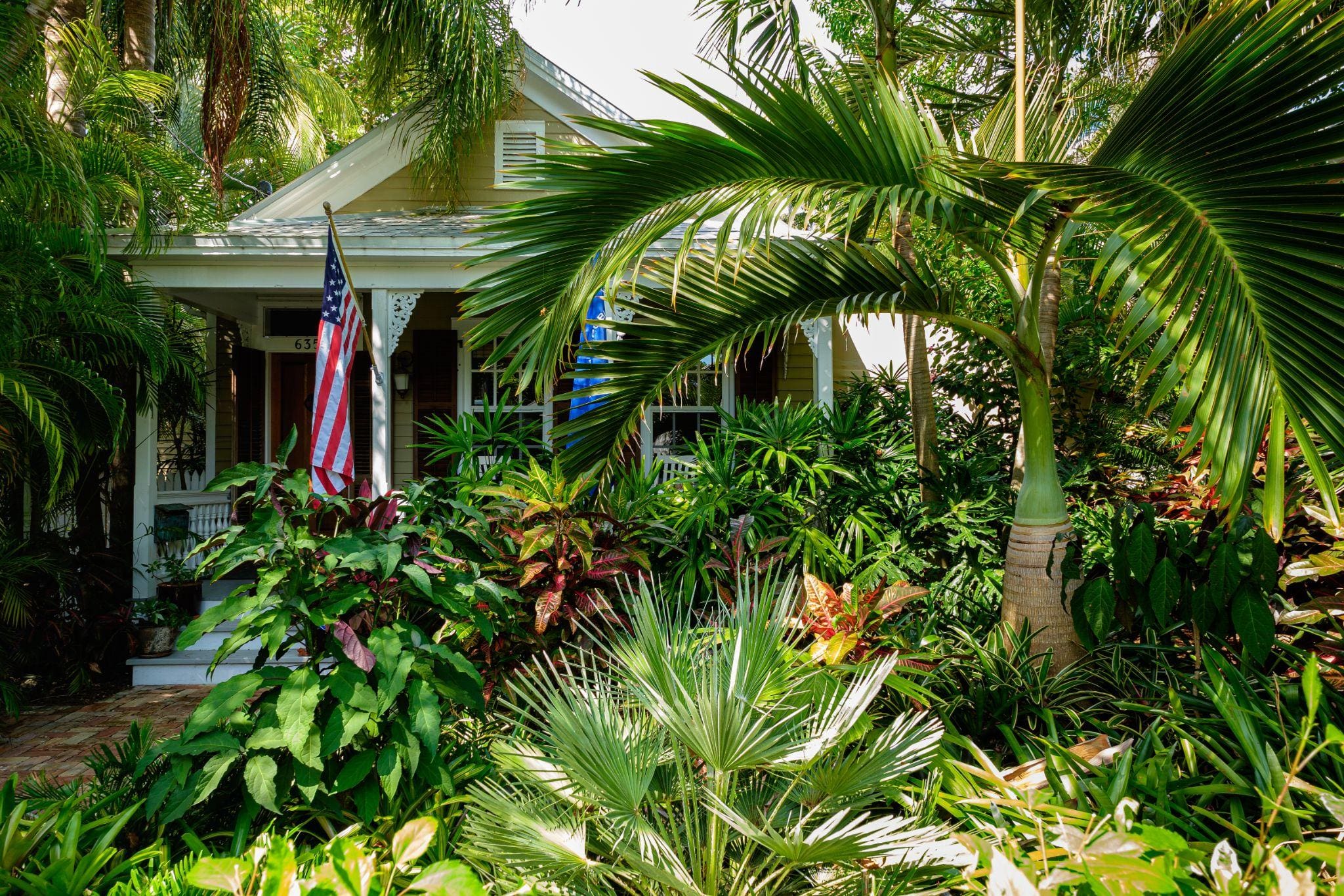 A modern home with a landscaped front yard featuring vibrant plants, including an agave, under a clear blue sky.