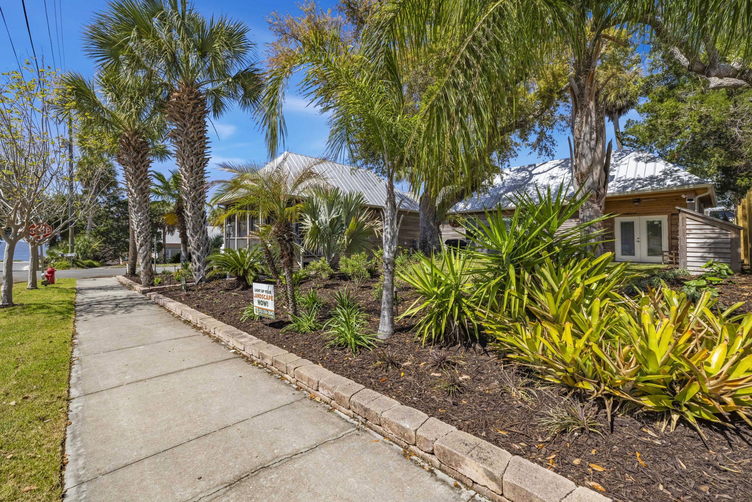 Palm-lined walkway outside a coastal home