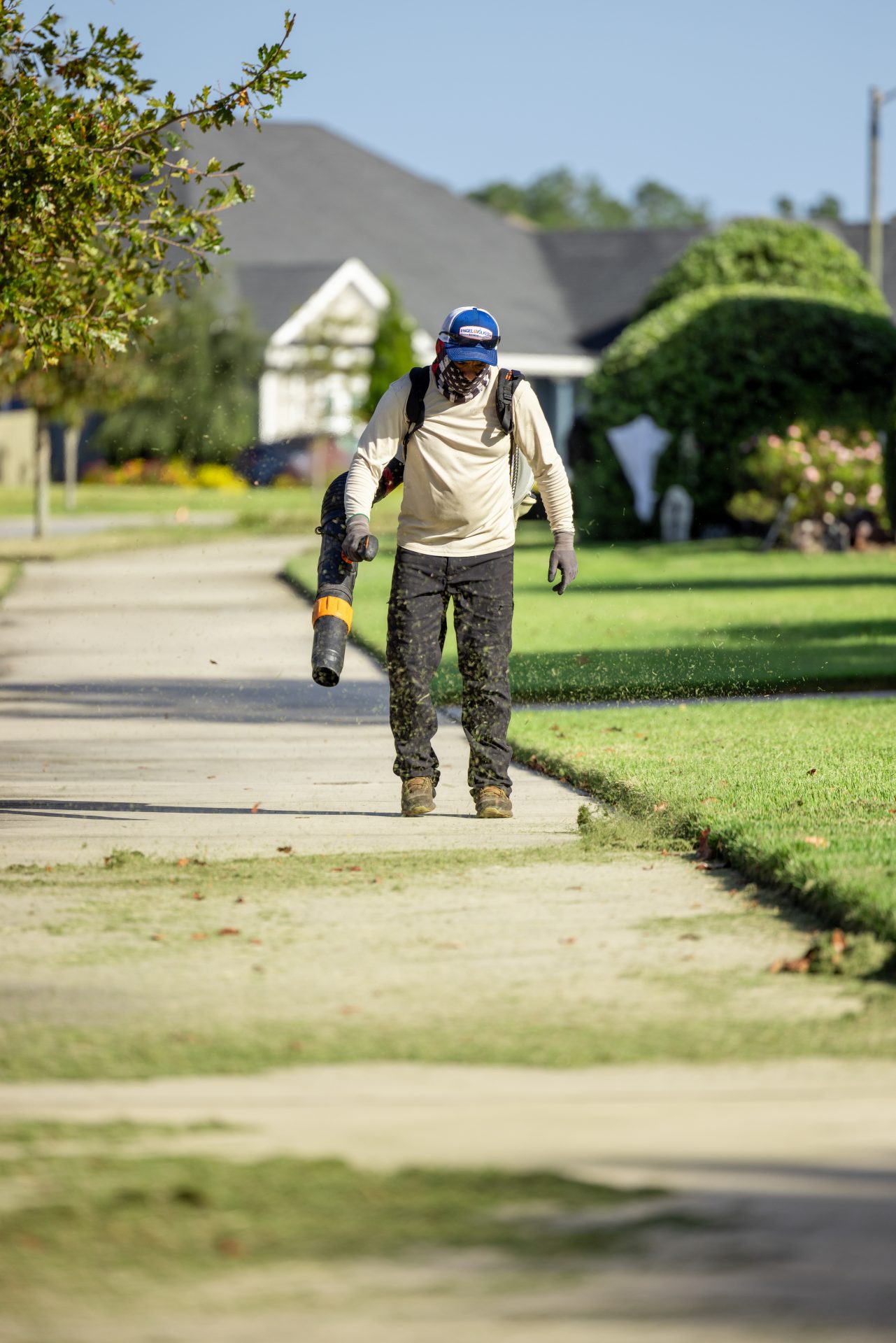 Landscaper uses a leaf blower on suburban sidewalk