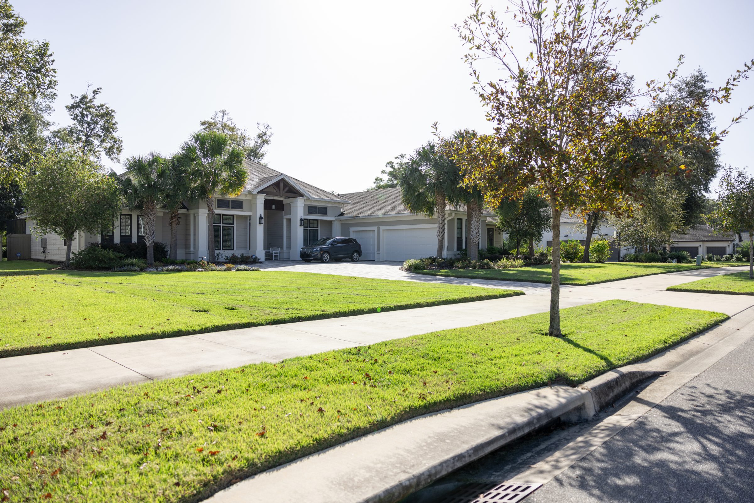 Large suburban home with palm trees and manicured lawn