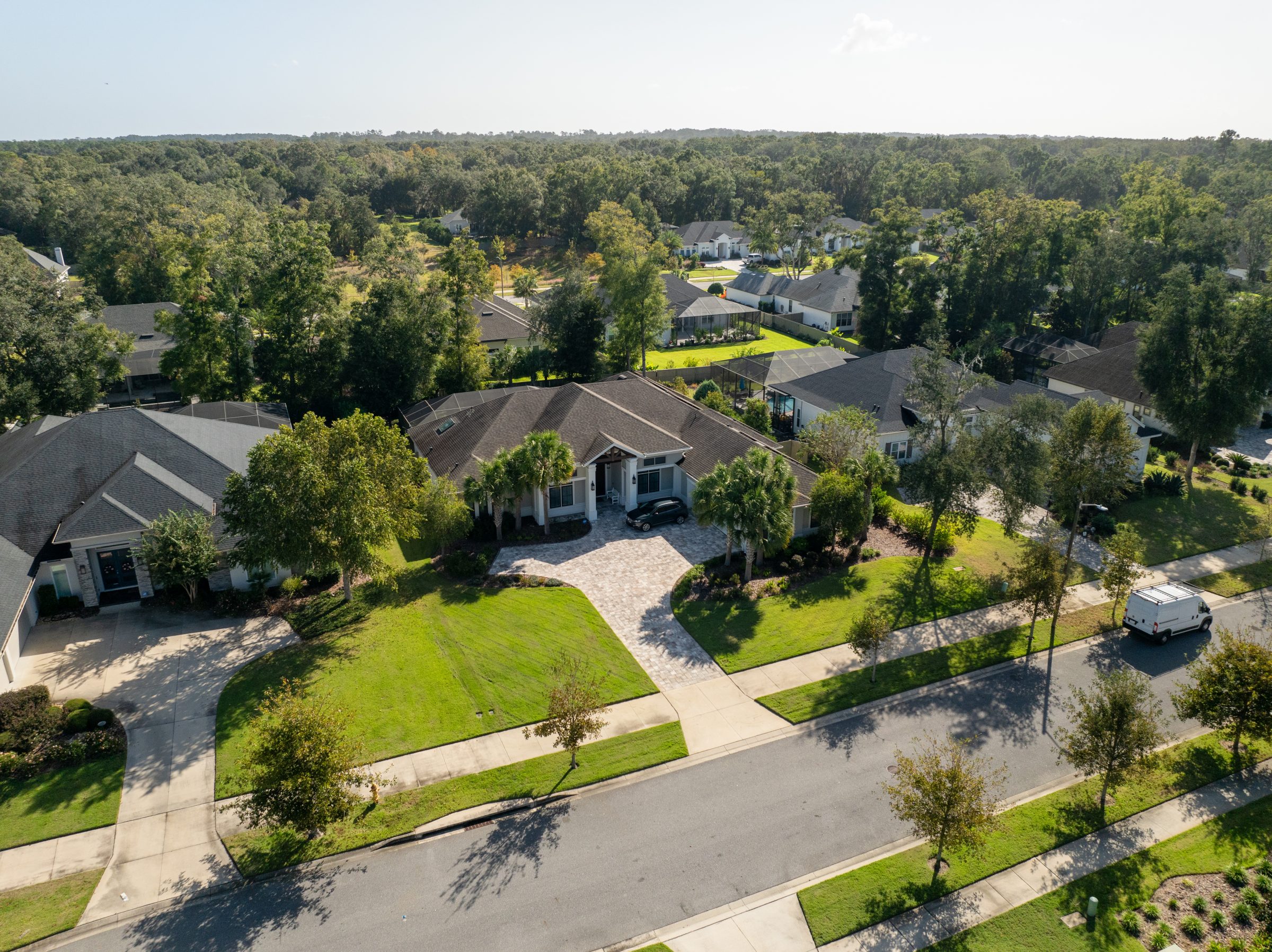Aerial view of suburban homes beside wooded area
