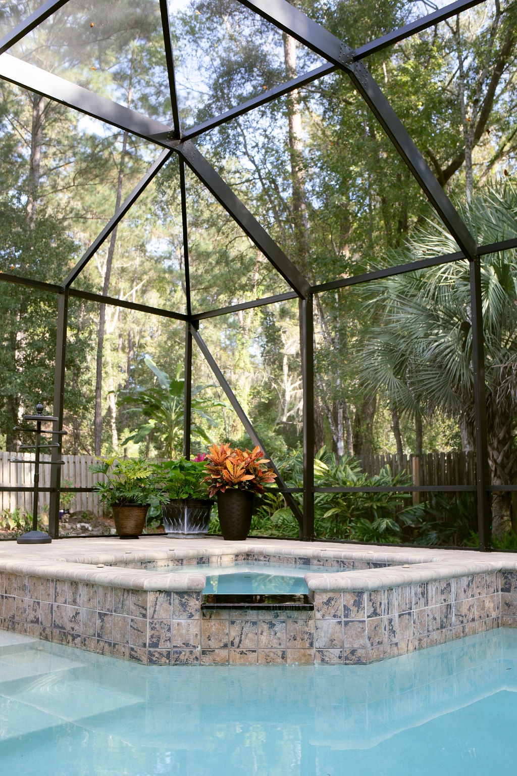 Screened pool enclosure with tiled spa and tropical plants