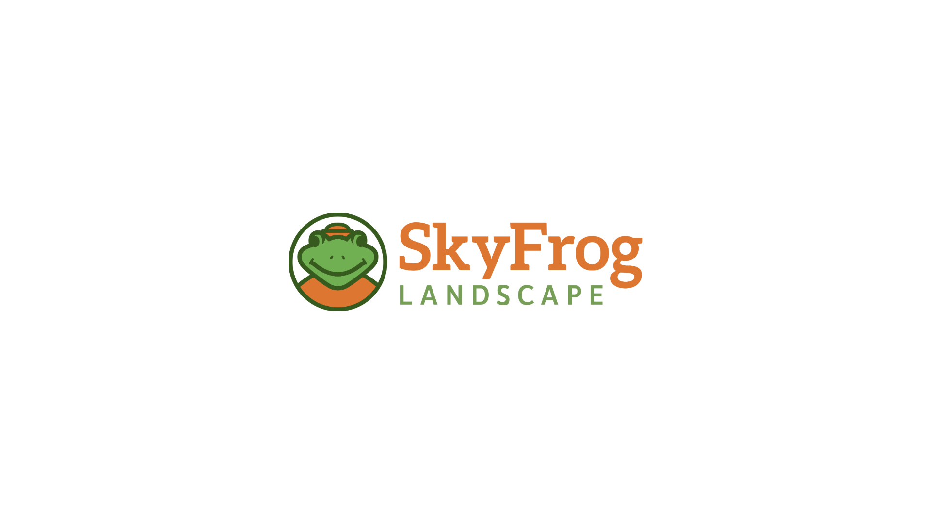 SkyFrog Landscape logo with smiling green frog emblem
