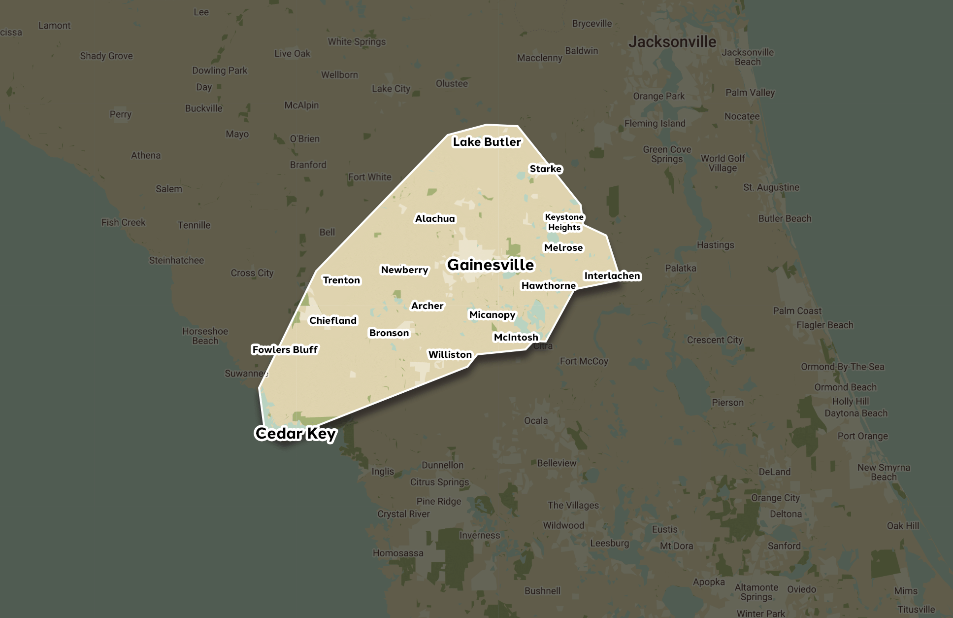 Highlighted service area around Gainesville, Florida