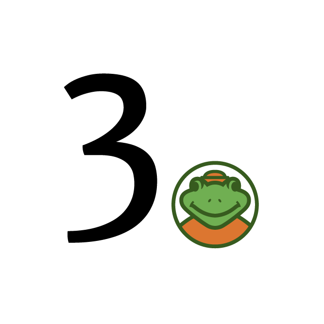Black number three beside a green frog icon