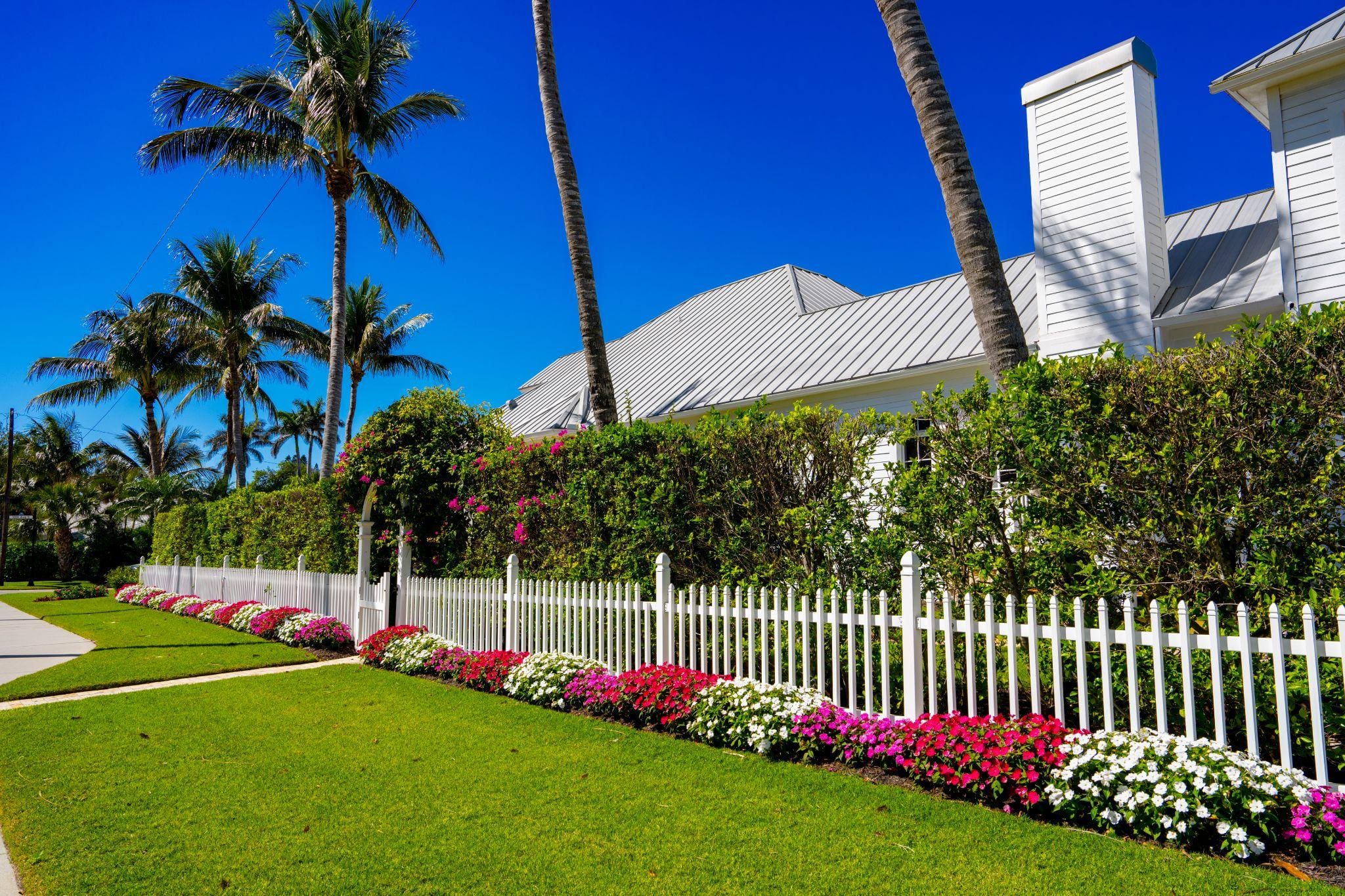 Palm-lined white house with flowered picket fence