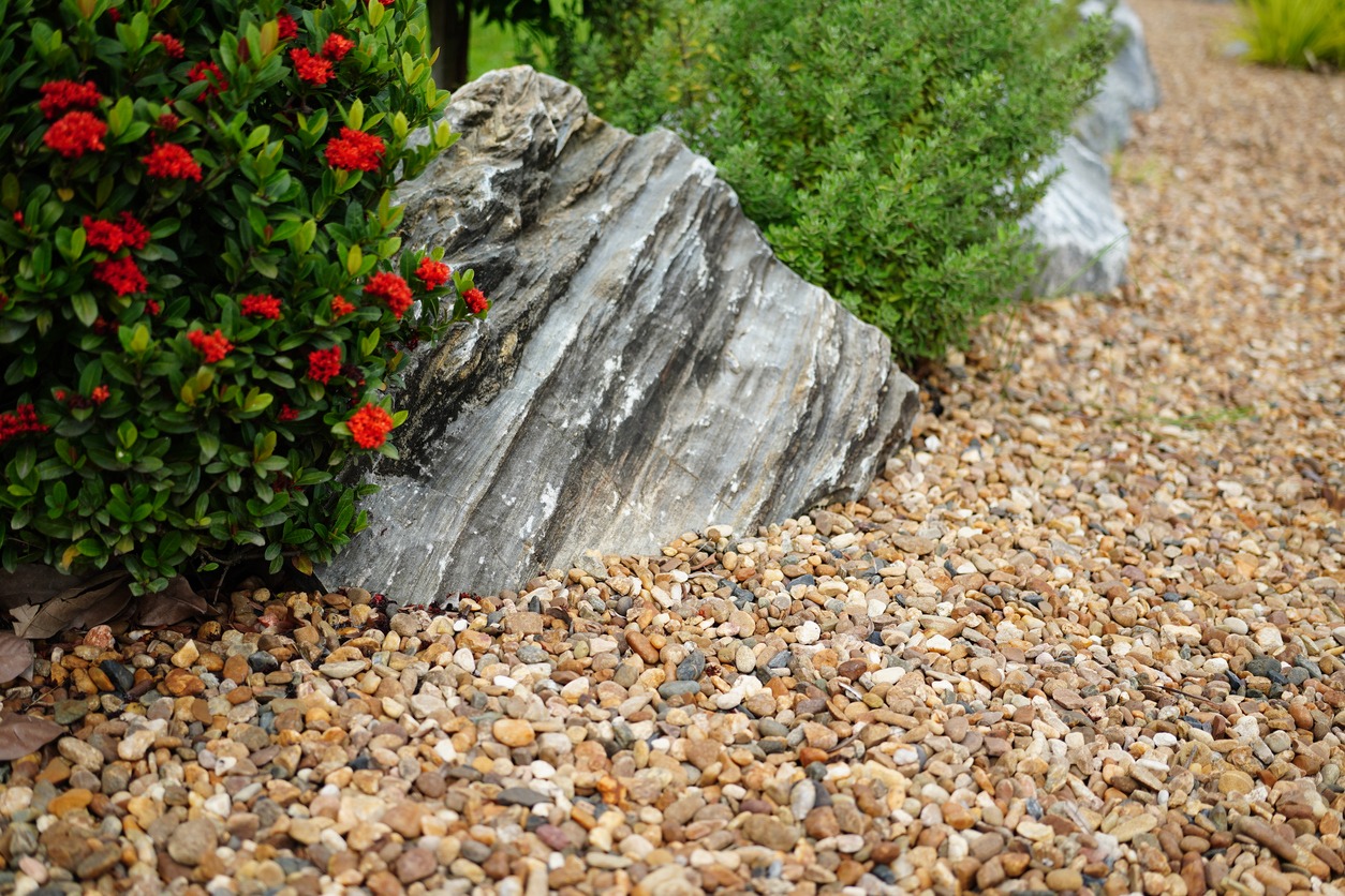 Striped garden boulder beside red flowers and gravel