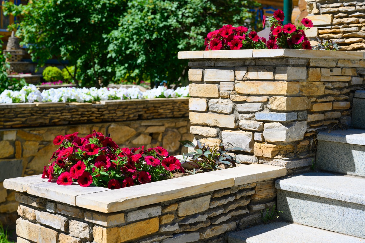 Red petunias in stacked-stone planters beside outdoor steps