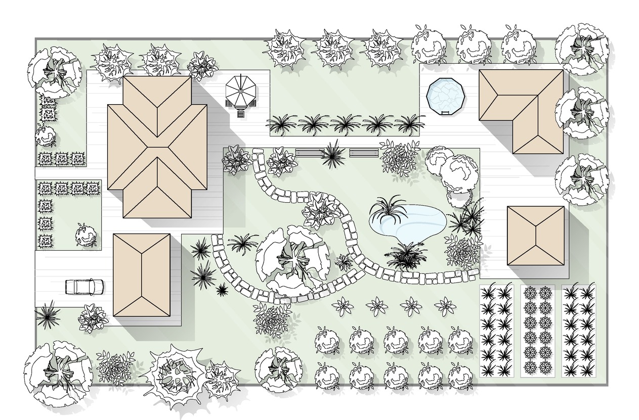 Top-down residential landscape plan with garden, pool, and buildings