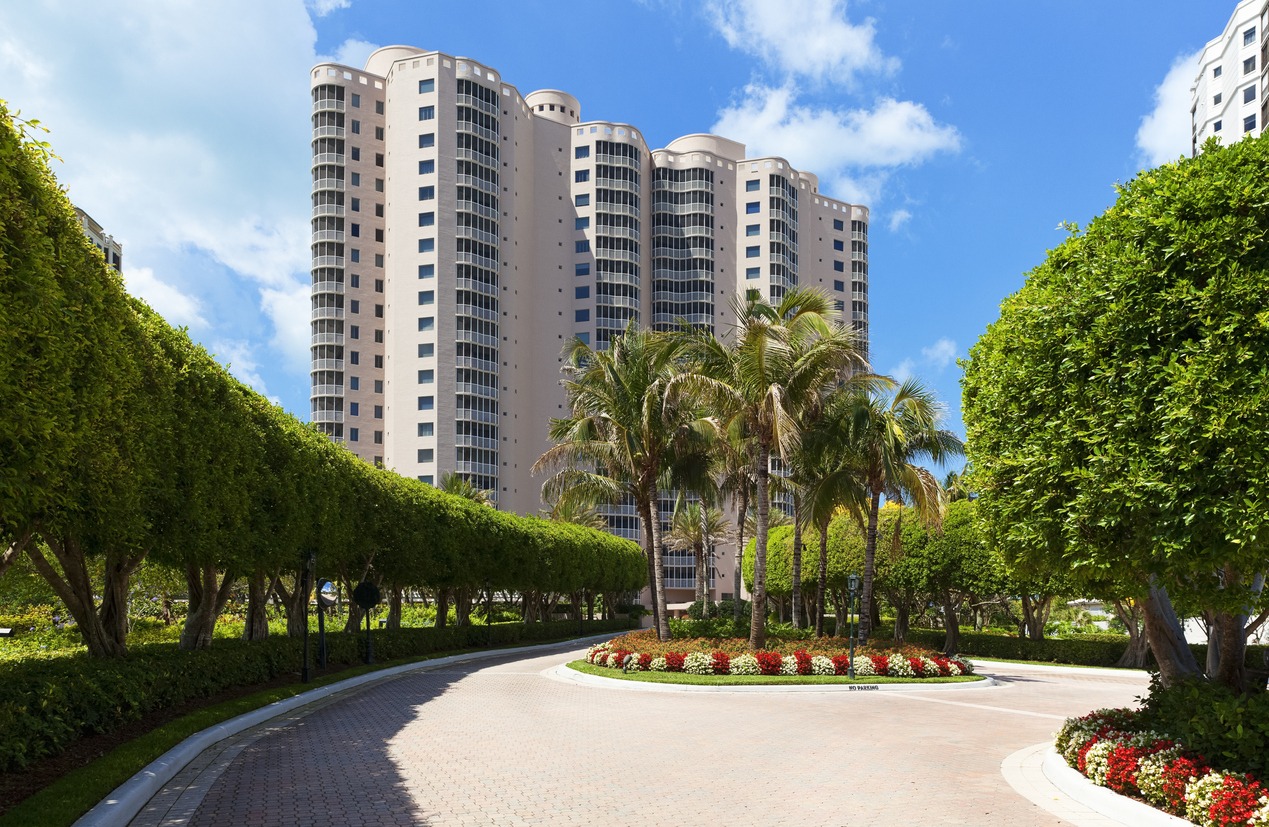 Luxury high-rise condominium framed by palms and manicured gardens