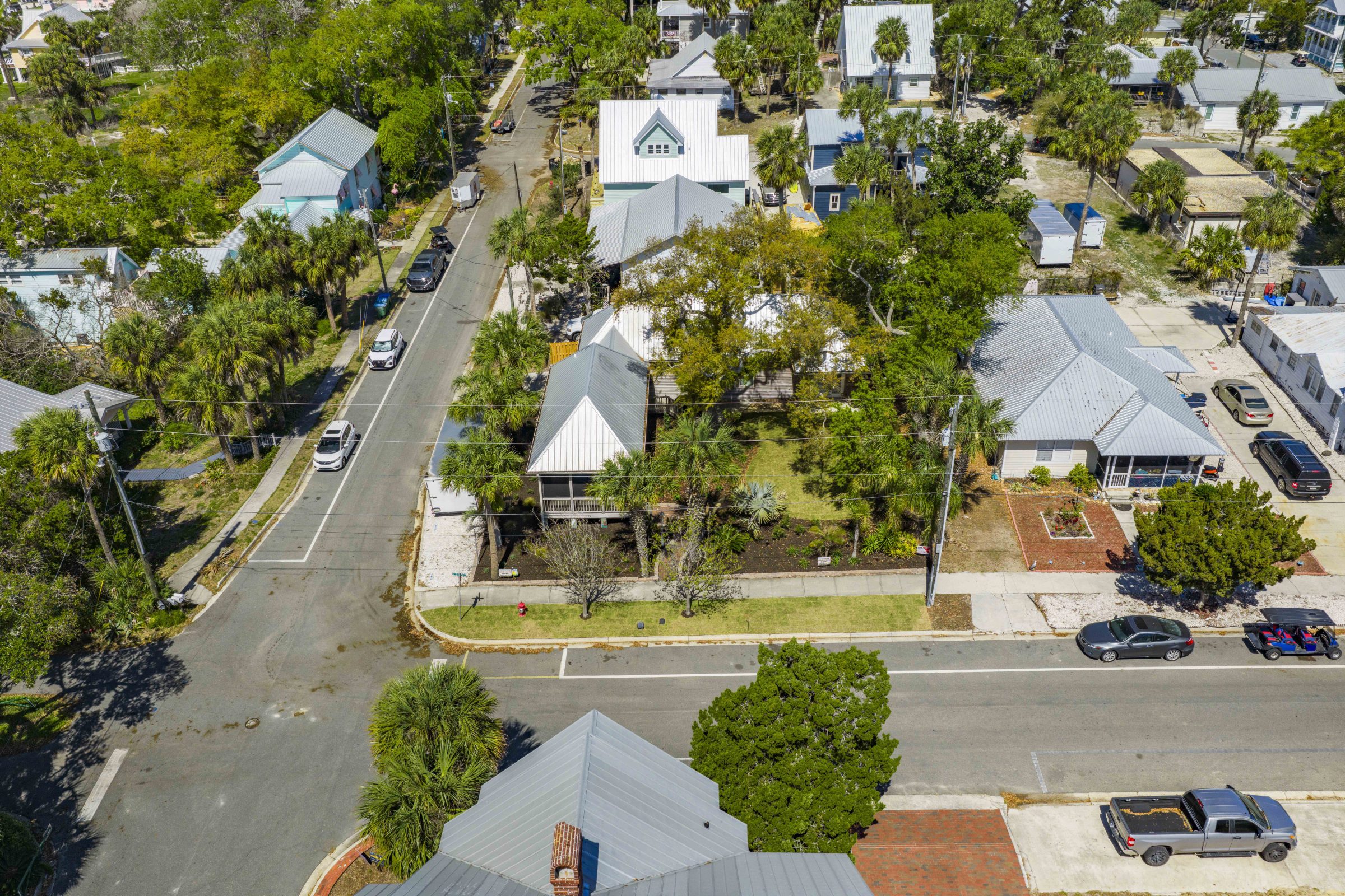 Aerial view of palm-lined residential neighborhood
