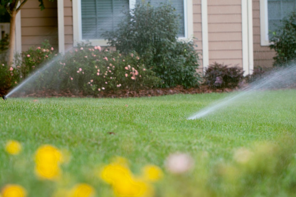 Sprinklers water a green lawn outside a suburban home.