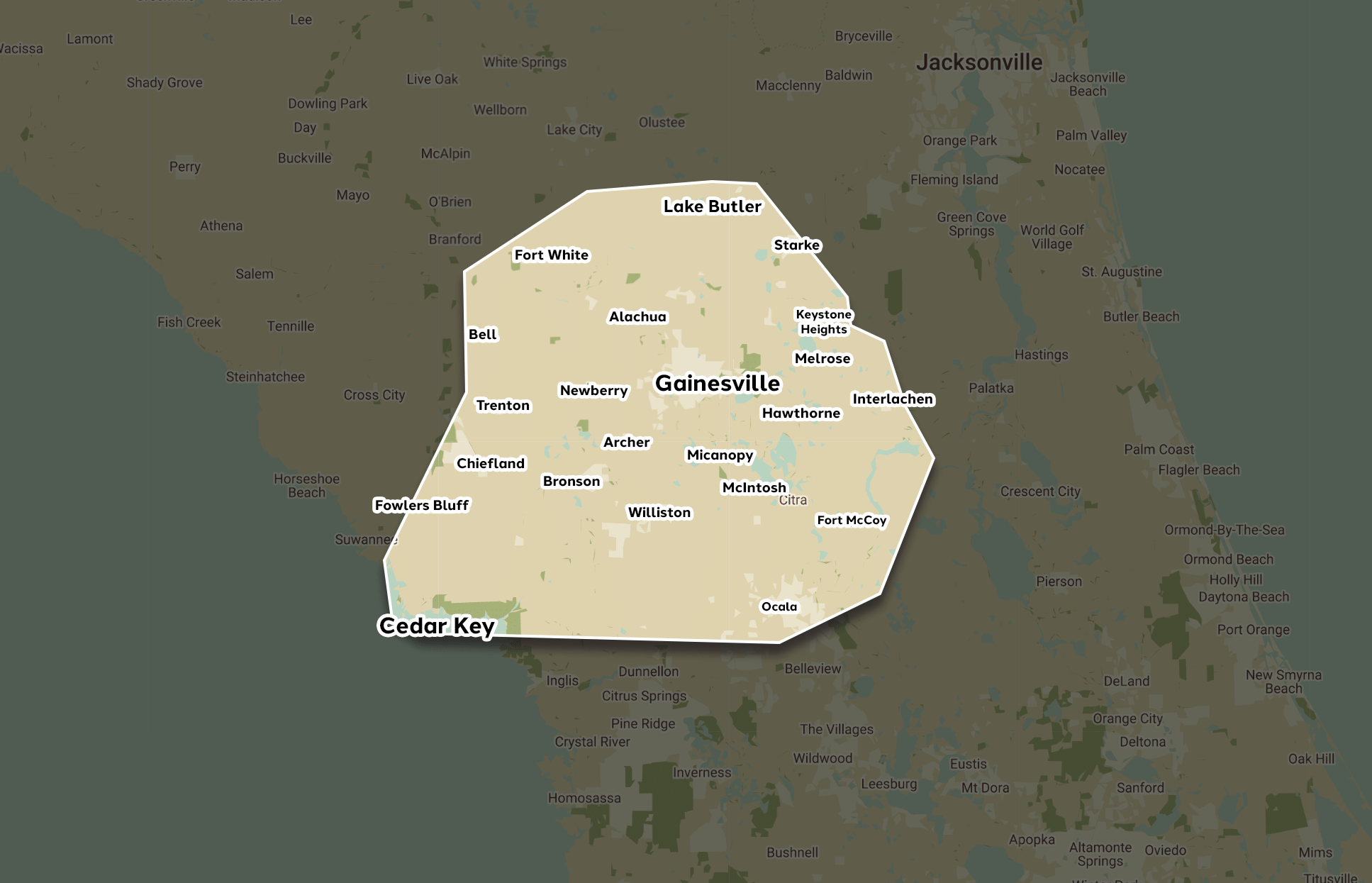 Highlighted service area around Gainesville and Cedar Key, Florida